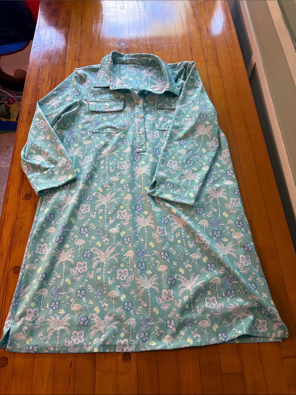Vineyard Vines Mint Green Tropical Floral & Flamingo Long Sleeve Dress